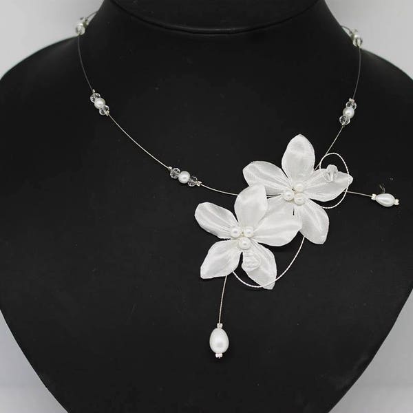 Collier mariée mariage soirée Fleur de soie ivoire Jacinthe Necklace wedding evening ivory silk flower Nora bridal bride