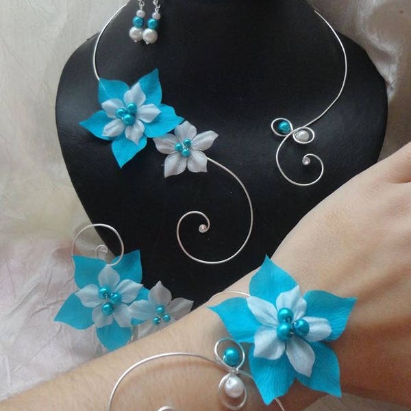 Ensemble de bijoux mariage Parure de mariée 4pièces turquoise blanc (ou ivoire) mariage collier bracelet boucles d'oreilles peigne cheveux