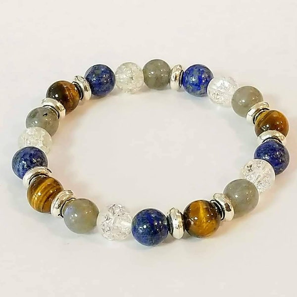 Bracelet en pierres "spécial personnel soignant" - lapis lazuli, Oeil de Tigre, cristal de roche et labradorite , Lithotherapie, bienfait