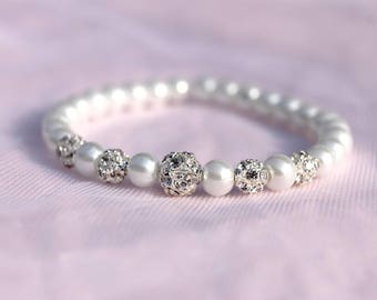 Bracelet mariée, bracelet de mariage - Strass cristal swarovski - Perles en verre - ivoire ou blanc - bracelet elastique -