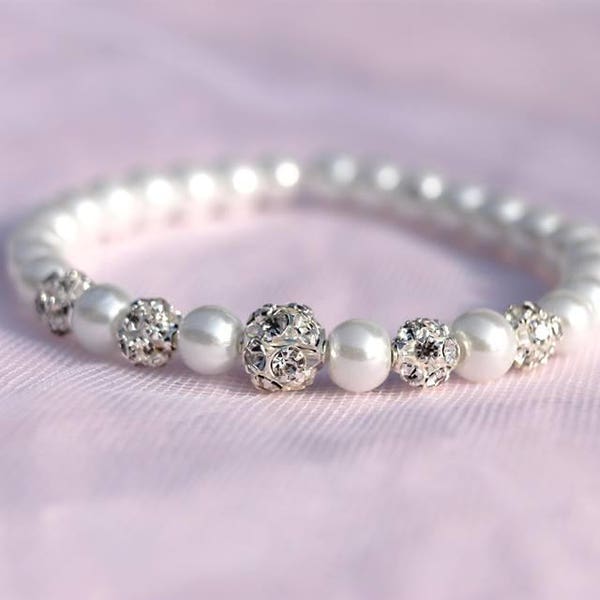 Bracelet mariée, bracelet de mariage - Strass cristal swarovski - Perles en verre - ivoire ou blanc - bracelet elastique -