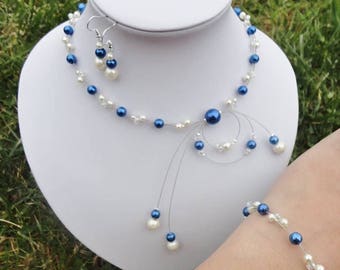 Ensemble de bijoux, parure de mariée mariage bleu roi ivoire (ou blanc) collier + bracelet + boucles  Adéle