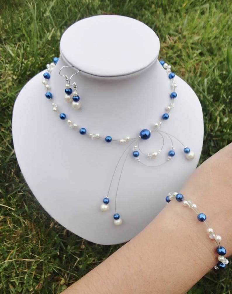 Ensemble de bijoux, parure de mariée mariage bleu roi ivoire ou blanc collier bracelet boucles Adéle image 1