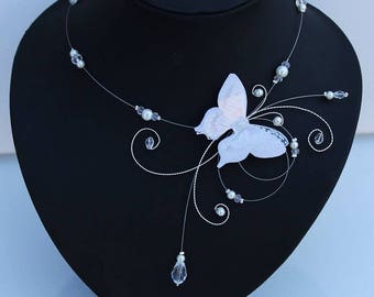 Bridal set Necklace + Earrings Butterfly in ivory silk (or white on request) Wedding