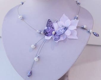 Ensemble de bijoux mariage - parure mariée - Collier, bracelet et boucles d'oreilles - Fleur et papillon parme et blanc (ou ivoire )