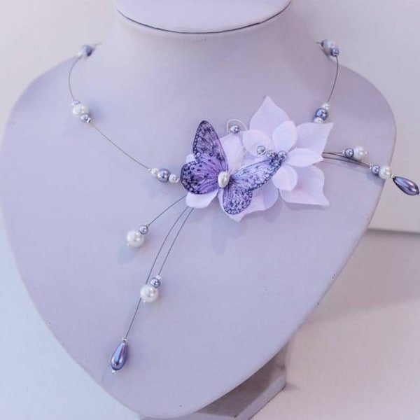 Wedding jewelry set - bridal set - Necklace, bracelet and earrings - Purple and white (or ivory) flower and butterfly