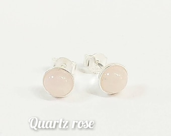 Clous d'oreilles en argent massif et Quartz rose 6mm- puces, boucles d'oreilles Amour, douceur, tendresse