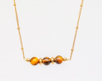 Necklace in stainless steel and natural stones in Tiger's Eye, gold or silver, natural stones 6mm