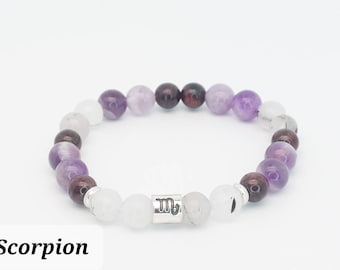 Pulsera zodiacal en piedras naturales - signo ESCORPIO: Cuarzoturmalina, amatista y granate, Litoterapia, Beneficios,