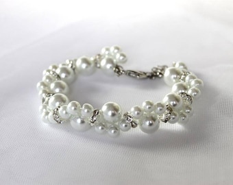 Bracelet de mariée, bijou pour mariage, Perles de verre blanches, cristaux swarovski - ensemble mariage