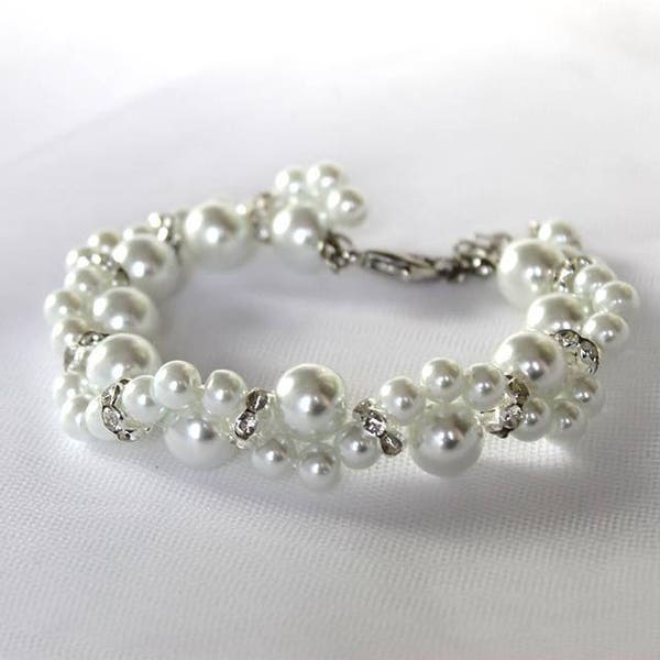 Bracelet de mariée, bijou pour mariage, Perles de verre blanches, cristaux swarovski - ensemble mariage