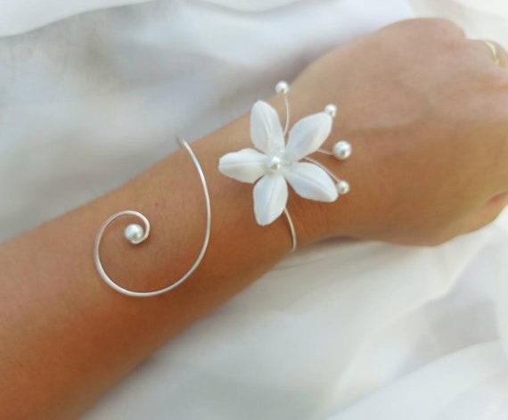 Bridal Bracelet, White Glass Beads or Ivory, Silk Flower, Evening Wedding -   Canada
