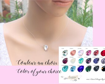 Collier mariage - collier mariée - goutte swarovski solitaire sur fil nylon transparent - Couleur du cristal au choix -