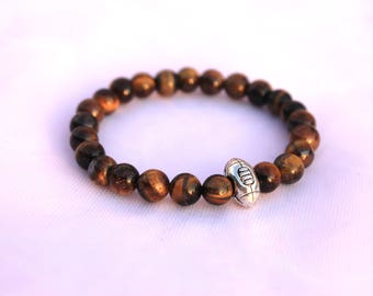 Men's Bracelet - Tiger's Eye Stones - Rugby Ball - Elastic Bracelet - Quartz Bracelet - Lithotherapy