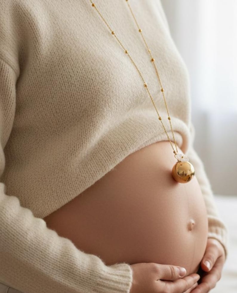 Gold Pregnancy Bola & Mother-of-Pearl Flower Stainless Steel Chain Maternity Mom image 3