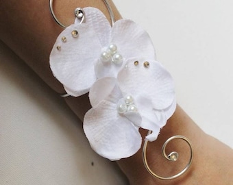 Bracelet  mariage mariée mariage Duo d'orchidées blanches soirée perles