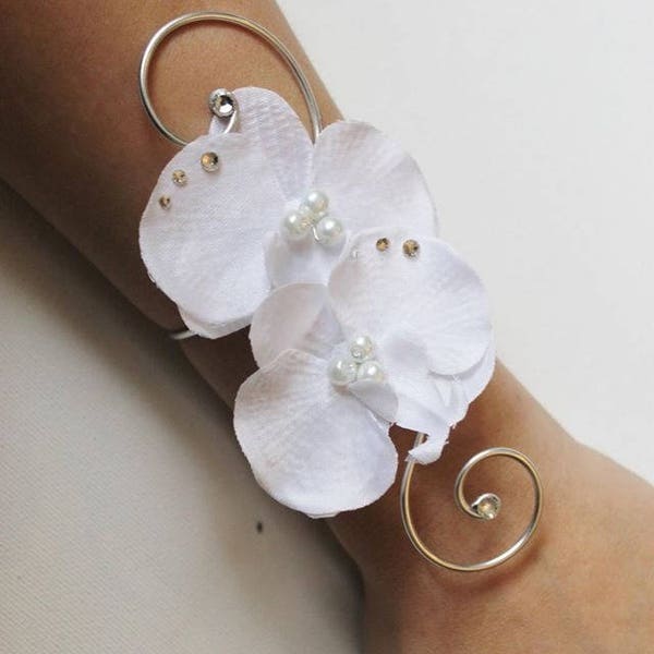 Bracelet  mariage mariée mariage Duo d'orchidées blanches soirée perles