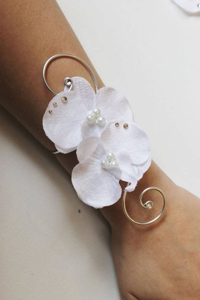 Bracelet mariage mariée mariage Duo d'orchidées blanches soirée perles image 1