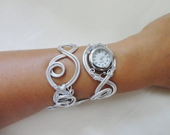 Bracelet montre - Piéce Unique- Duo d'aluminium argenté - montre femme, bracelet cadeau femme