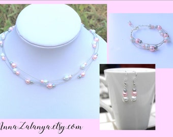 Bridal necklace - Wedding bracelet - earrings - Jewelry set, bridal set - light pink and gray glass beads