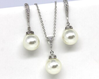 Wedding jewelry set, Parure - necklace - bridal earrings - Swarovski® pearls - silver - colors to choose-