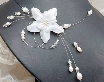 Collier mariée mariage perles crystal fleur de satin - ivoire ou blanc
