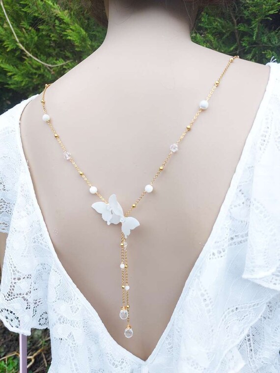 Collier de dos pour mariage Papillon de soie perles de nacre et toupies et gouttes cristal collier de mariee bijou de dos bijou delicat Etsy France