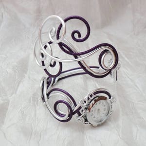 Cadeau noel Bracelet montre Cadeau pour elle Duo d'aluminium argenté prune violet montre femme Artisanale montre originale image 4