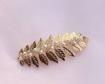 Bijou de cheveux mariage - barrette feuilles de laurier pour mariée - perles en verre - perles cristal - ivoire ou blanc - version or