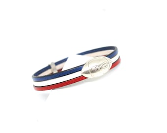 Bracelet cuir avec fermoir ballon de rugby plaqué argent Personnsalisable - Bleu Blanc Rouge - France