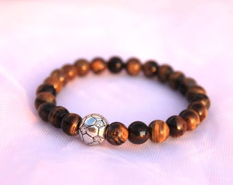 Pulsera de hombre - Tiger Eye Stones - Football Ball - Pulsera elástica - Pulsera de cuarzo - Lithotherapie