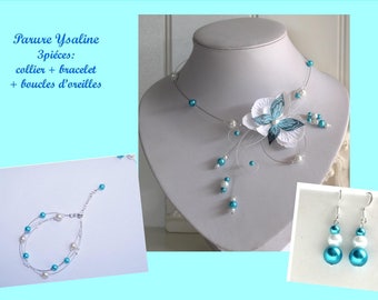 Ensemble de bijoux pour mariée, Parure mariage, Orchidée blanche et papillon turquoise PERSONNALISABLE