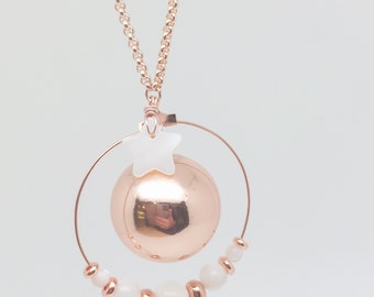 Pink gold pregnancy bola, mother-of-pearl beads, mother-of-pearl star stainless steel chain maternity mom