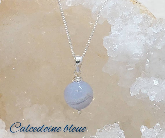 Blue Chalcedony Stone Pendant Necklace in Sterling Silver