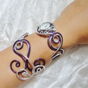 Cadeau noel Bracelet montre Cadeau pour elle Duo d'aluminium argenté prune violet montre femme Artisanale montre originale image 5