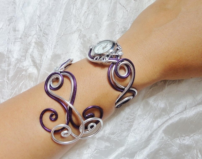 Christmas gift Watch strap Gift for her Plum purple silver aluminum duo women's watch Artisanal original watch image 5