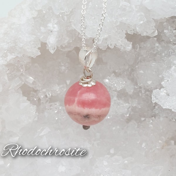 Collier boule 10mm en Rhodochrosite et Argent massif - Lithothérapie: Amour, compassion et positive attitude