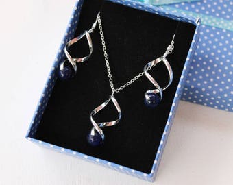 Parure collier + boucles d'oreilles Twist Argent 925 et Lapis Lazuli mariée mariage soirée