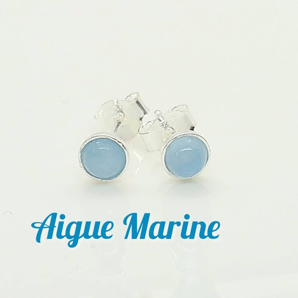 Clous d'oreilles en argent massif et Aigue Marine 4mm- puces, boucles d'oreilles, sérénité, sensibilité, expressivité