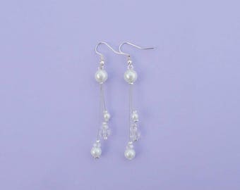 Earrings, dangle earrings for bridal, ivory glass pearls - white wedding - Crystal - Silver 925