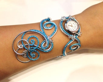 Bracelet montre- Piéce Unique- Duo d'aluminium argenté bleu turquoise