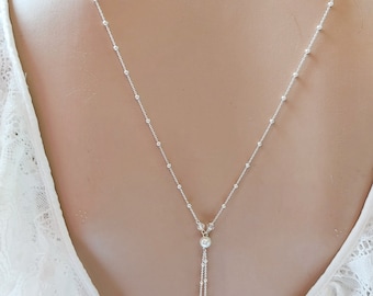 Back necklace for wedding in solid silver (or stainless steel) and pearly glass beads, double bridal necklace with back jewel