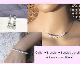 Collier mariée, Bracelet mariage - Boucles d'oreilles - parure mariage - Perles nacrées ivoires ou blanches - Perles strass swarovski - set