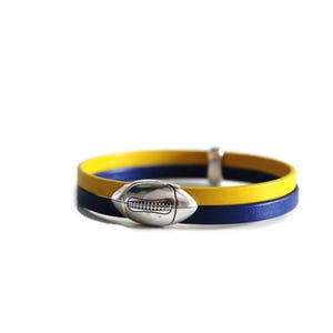 Rugby Leather bracelet Yellow and blue Rugby ball silver plated clasp father&#39;s day, dad