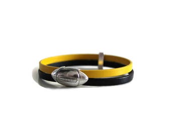 Bracelet Rugby en cuir jaune et noir avec fermoir ballon de rugby plaqué argent Cadeau Noël Fête des pères, bracelet mixte