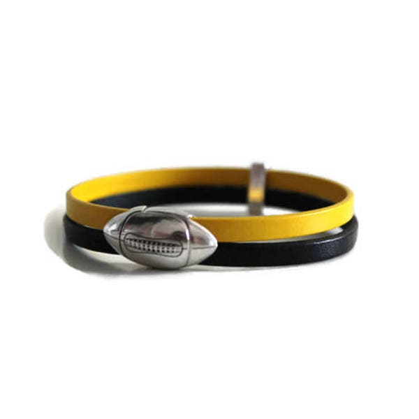 Bracelet Rugby en cuir jaune et noir avec fermoir ballon de rugby plaqué argent Cadeau Noël Fête des pères, bracelet mixte