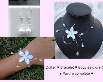 Parure Mariée - collier mariage, bracelet, boucles d'oreilles - blanc ou ivoire - fleur satin, perles verre et cristal - ensemble mariage