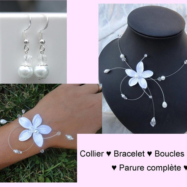 Parure Mariée - collier mariage, bracelet, boucles d'oreilles - blanc ou ivoire - fleur satin, perles verre et cristal - ensemble mariage