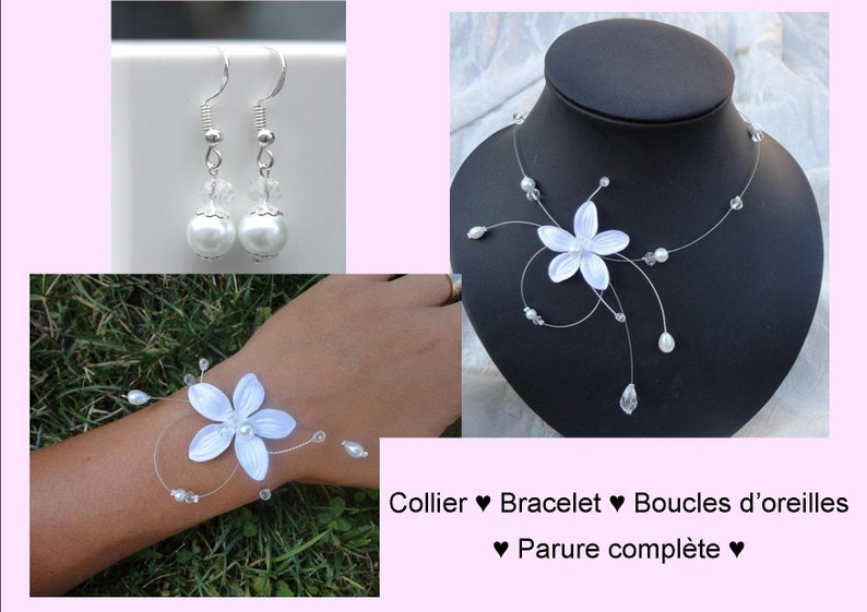 Parure Mariée collier mariage, bracelet, boucles d'oreilles blanc ou ivoire fleur satin, perles verre et cristal ensemble mariage image 1