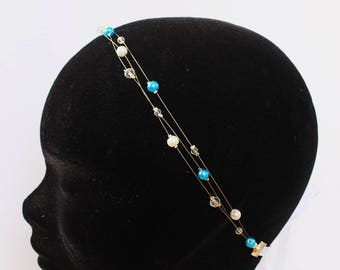 Headband / Collier mariage mariée rétro bohéme Alicia perles turquoises blanches et cristal tcheques bandeaux